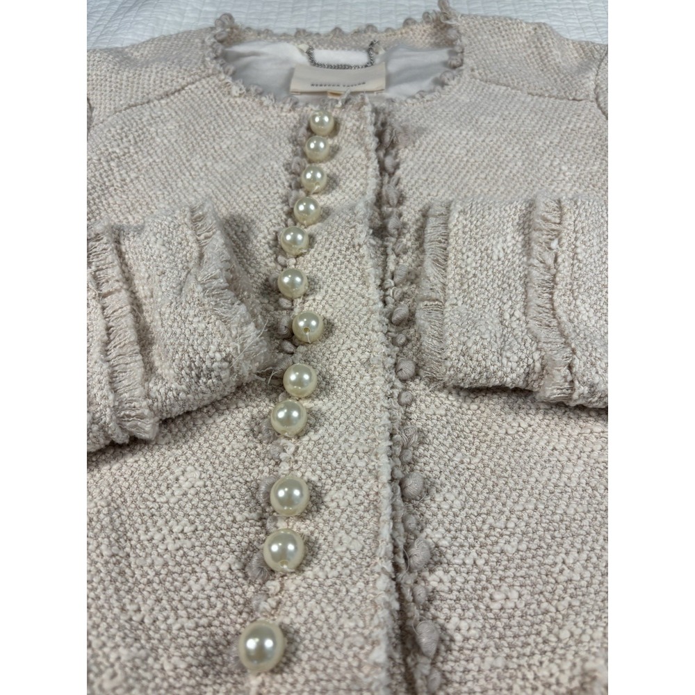 Rebecca Taylor Tweed Jacket Women 6 Beige Pearl Button Fringe Pom Pom Blazer